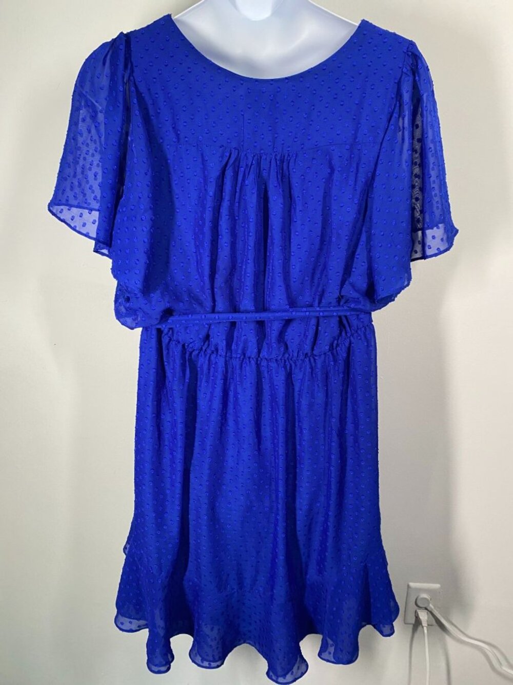Polka Dot Sheer Royal Blue 22w Wrap Dress With Flutter Sleeves & Tie Waist - Picture 11 of 11